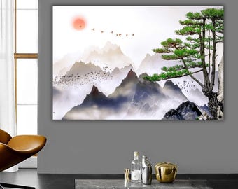 Japanese Mountain Canvas Print: Pine Tree & Birds Landscape Art