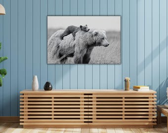 白黒のクマの壁アート、母グマと子グマのキャンバスプリントアート