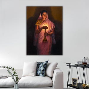 Glow Of Hope by Raja Ravi Varma Wall Art, Lady With The Lamp Canvas Print, Indian Painting Canvas Wall Art, Lady With The Lamp Wall Decor