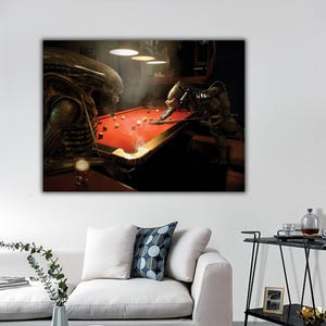 Alien vs Predator Playing Pool Match Wall Art, Alien vs Predator Canvas Print Art, Alien vs Predator Wall Decor,Alien Poster,Predator Poster
