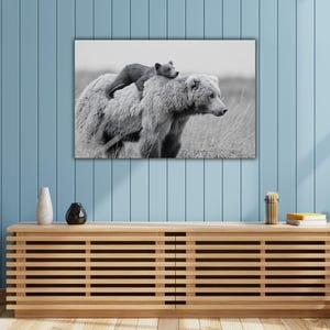 Black And White Mamma Bear With Cub Wall Art, Mamma Bear With Cub Canvas Print, Rustic wall art, Black white Animal Print, Baby Bear Print