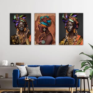 Lot de 3 impressions sur toile femme africaine noir et or - Art mural moderne