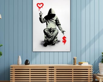 ガンジー ストリートアート キャンバスプリント バンクシーの「Love Over Money」キャンバスプリント：象徴的な