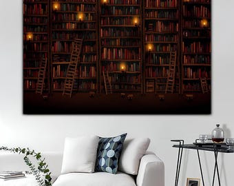 Vintage Library Books Canvas Art Print: Moody Academia Wall Decor