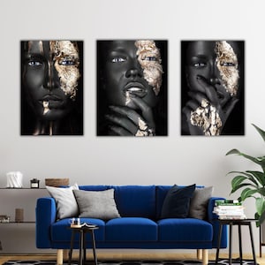 Black and Gold African Woman Canvas Print Set of 3 - Modern Wall Art
