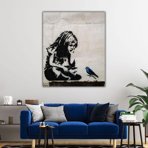 Banksy Bird & Girl Wall Art, Banksy Girl Canvas Wall Art, Street Printed Canvas Art, Banksy Canvas Paintings, Street Graffiti Wall Decor