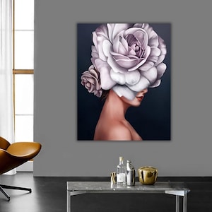 Woman with Flowers Wall Art, Head of Flowers Canvas, Flower Head Print, Female Wall Art, Feminine Wall Decor, Abstract Woman Flower Prints