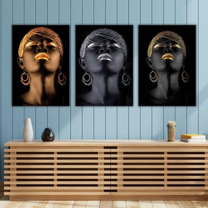 Lot de 3 impressions sur toile femme africaine noir et or - Art mural moderne