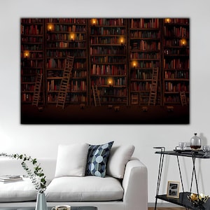 Decoración de pared de biblioteca vintage, arte mural en lienzo de biblioteca, impresión fotográfica de biblioteca, ilustraciones en lienzo de libros, arte impreso en lienzo de biblioteca, arte mural melancólico