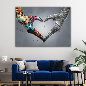 Banksy Heart Making of Two Hands Prints, Banksy Canvas Wall Art, Heart Graffiti Art, Graffiti Heart Sign Hands Print, Banksy Wall Decor