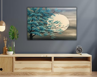 Teal Tree Canvas Print: Moonlight Landscape Wall Art