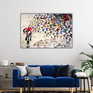 Banksy Kopf Schuss Wandkunst, Banksy Mädchen Leinwand, Schmetterling Mädchen Suizid Kunst, Straße gedruckt, Banksy Leinwand, Leinwand abstrakte Kunst, Schmetterling Kunst