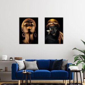 Lot de 2 impressions sur toile femme africaine noir et or, lot de 2 décorations murales modernes