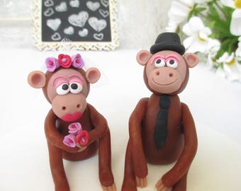 Monkey wedding cake topper, bride and groom