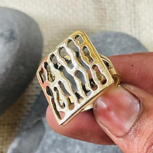 Gold Plated Brass Abstract Square Ring: Modern Geometric Statement