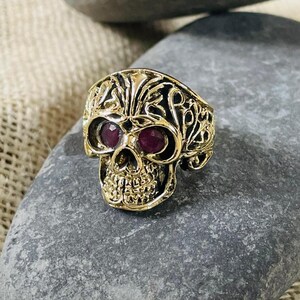 Gold Skull Ring With Red Eyes | Gothic Skull Ring For Men | Brass Statement Ring | Dark Punk Jewelry | Halloween Gift Ring