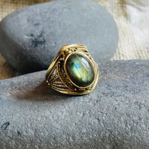 Gold Plated Labradorite Ring | Brass Filigree Oval Gemstone Ring | Handmade Boho Cocktail Ring For Women Men