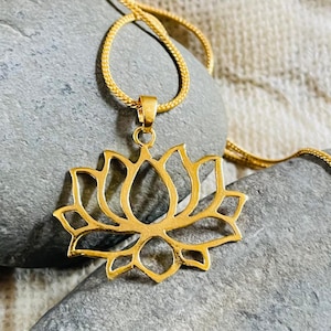 Gold Lotus Flower Pendant Necklace: Openwork Brass Charm, Minimalist Floral Jewelry