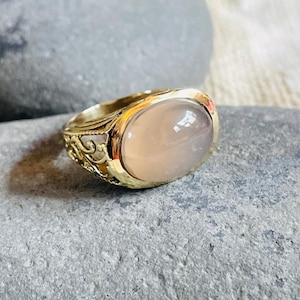 Rose Quartz Gold Plated Ring | Oval Cabochon Brass Ring For Women | Handmade Statement Gemstone Jewelry
