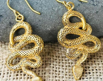 Gold Snake Dangle Earrings | Coiled Serpent Boho Jewelry