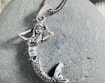 Silver Plated Mermaid Pendant Necklace: Oxidized Nautical Jewelry
