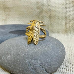 Gold Plated Brass Cicada Ring | Adjustable Bug Statement Jewelry