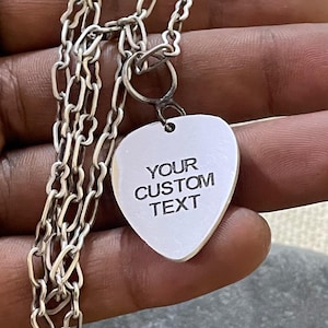 Custom Guitar Pick Necklace | Personalized Silver Polished Pendant for Men | Engraved Music Gift | Custom Text Rock Band Jewelry