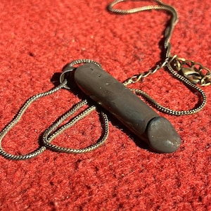 Può includere: Una collana con pendente grigio scuro con un pendente cilindrico con estremità arrotondata. Il pendente è appeso a una sottile catena color oro. La collana poggia su una superficie rossa strutturata.