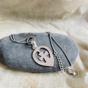 Silver Heart Cross Pendant Necklace: Teardrop Cutout, Religious Jewelry