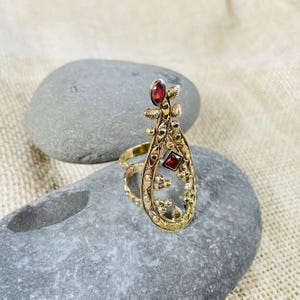 Gold Plated Peacock Statement Ring | Ornate Indian Adjustable Ring With Garnet | Brass Long Ring For Women | Boho Filigree Ethnic Jewelry