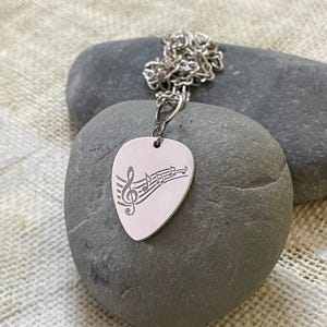 Music Note Guitar Pick Necklace | Silver Polished Pendant with Treble Clef & Notes | Brass Rock Pendant for Musicians | Gift for Music Lover