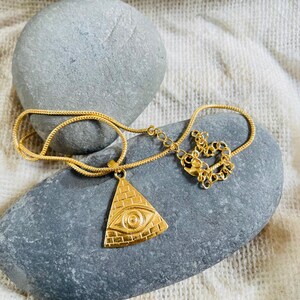 Gold Plated Pyramid Pendant Necklace | Eye of Providence All Seeing Eye Brass Jewelry