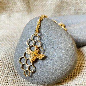 Gold Plated Brass Honeycomb Bee Pendant Necklace | Nature Inspired Jewelry For Women | Handmade Insect Charm | Bee Lover Gift