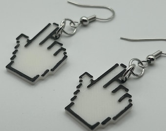 May include: A pair of earrings featuring a white pixelated hand cursor design with black outlines. The earrings have silver-colored fish hook ear wires. The earrings are a fun accessory for anyone who loves computers or gaming.
