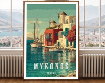 Mykonos Greece Travel Poster Vintage Greek Island Coastal Wall Art