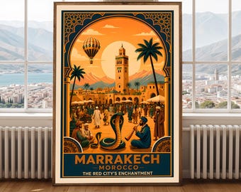 Plakat podróżniczy Marrakesz Maroko Scena targowa w stylu vintage Wydruk ścienny