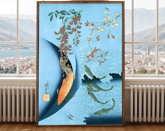 Japanese Vintage Floral Koi Fish Poster Woodblock Style Wall Art Print