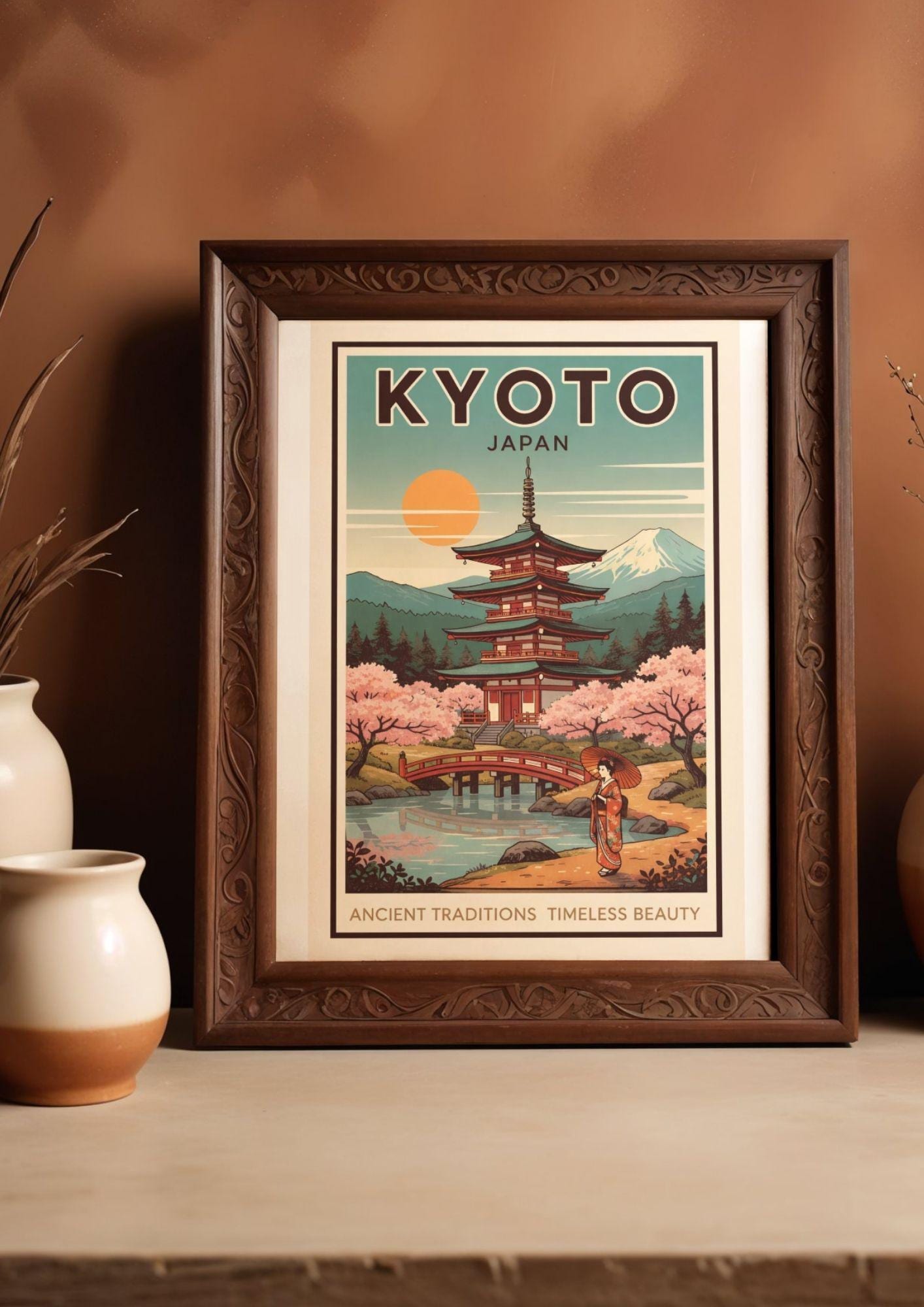 Kyoto Japan Travel Poster Vintage Pagoda Cherry Blossom Wall Art - Etsy UK