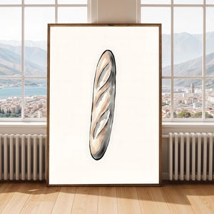 May include: A vertical rectangular wall art print featuring a centred watercolour illustration of a single baguette. The bread is rendered in shades of light tan and brown with dark charcoal outlines, set against a plain, solid off-white background.