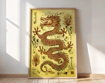 Poster Japanse draak vintage gele muurkunstdruk in houtsnedestijl