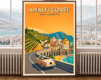 Amalfiküste Italien Reiseplakat Vintage Küstenstraße Wandkunst Druck