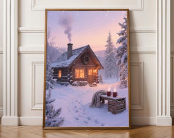 May include: Framed art print of a cozy winter cabin scene. The cabin is nestled in a snowy landscape, with smoke rising from the chimney. A bench with two mugs and a blanket sits outside. The artwork is framed in a wooden frame.
