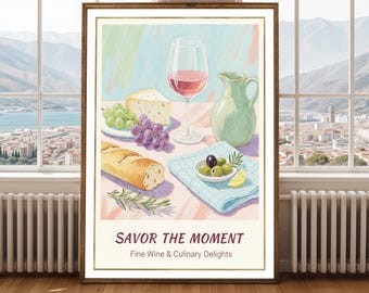 Wine and Cheese Poster Vintage Kitchen Dining Wall Art Print