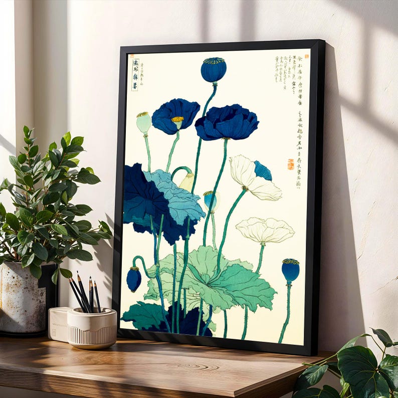 Japanese Vintage Blue Lotus Flower Poster Woodblock Style Floral Wall ...