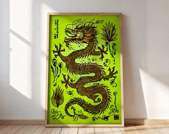 Poster Japanse draak vintage groene muurkunst print in houtsnedestijl