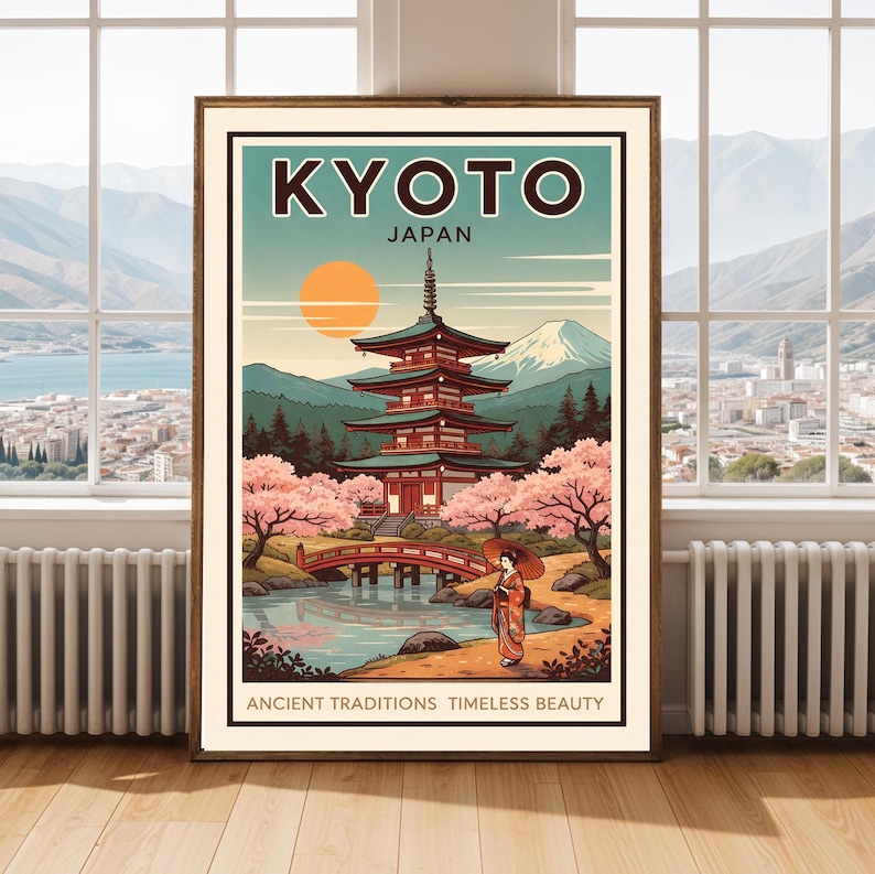 Kyoto Japan Travel Poster Vintage Pagoda Cherry Blossom Wall Art - Etsy UK