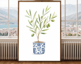 Olive Branches in Blue Vase Minimalist Watercolor Botanical Wall Art Print