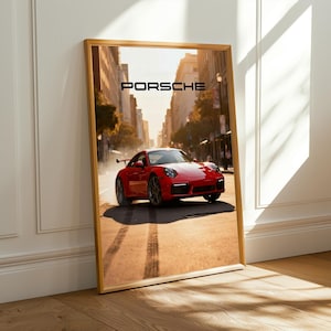 Porsche On Street Poster Red and Black Car Photography, Luxury Automotive Art, decor