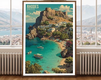 Plakat podróżniczy Rodos, Grecja, vintage, grecka wyspa, nadmorskie dekoracje ścienne
