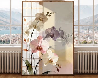 Lámina decorativa de orquídeas japonesas en rosa y crema, póster botánico floral, decoración minimalista asiática.